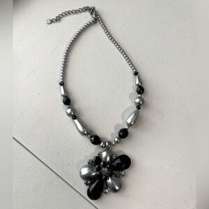 Glam Black and Gray Beaded Flower Statement Necklace